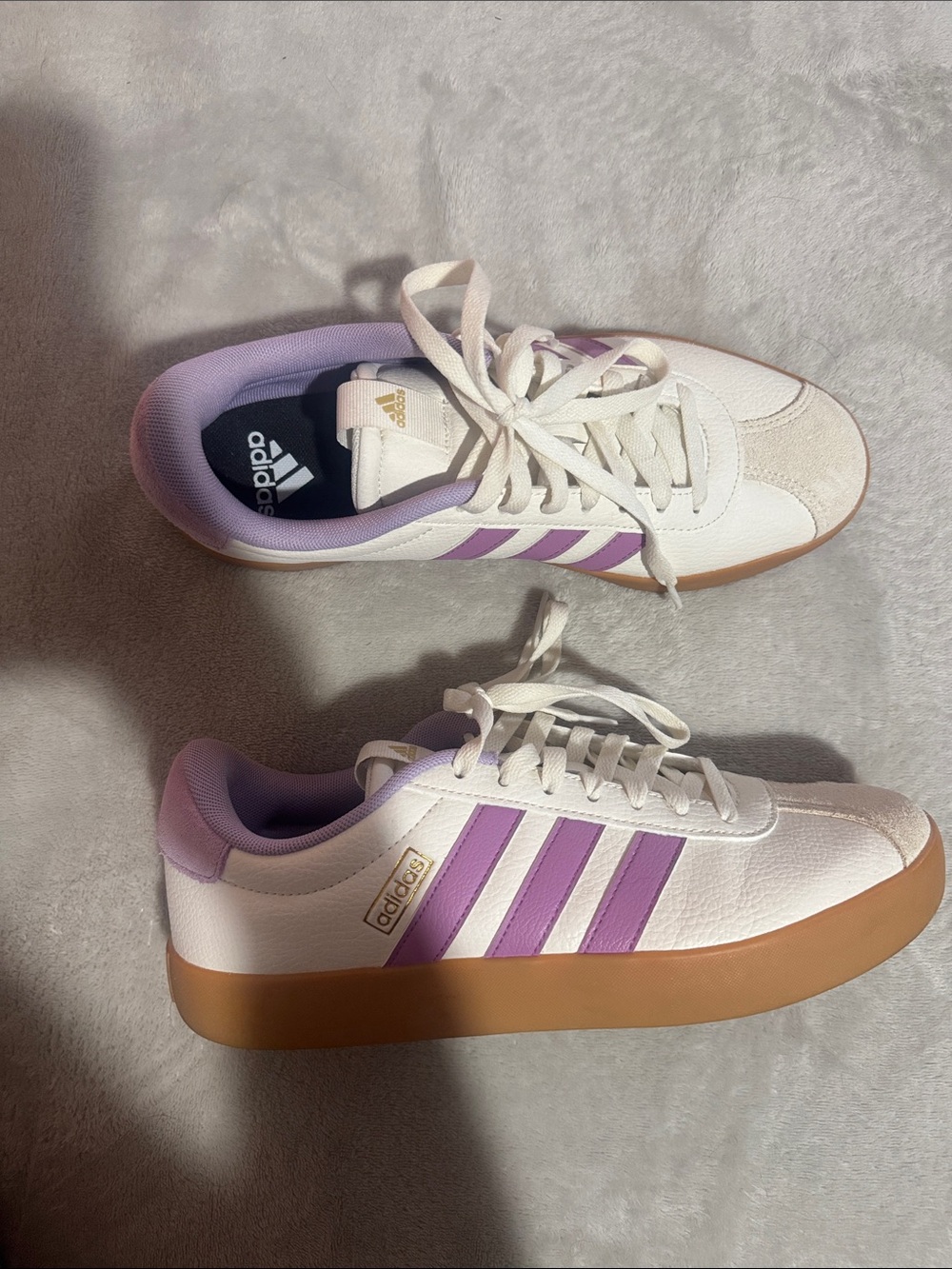 adidas White Sneakers with Purple Stripes and Gum Sole